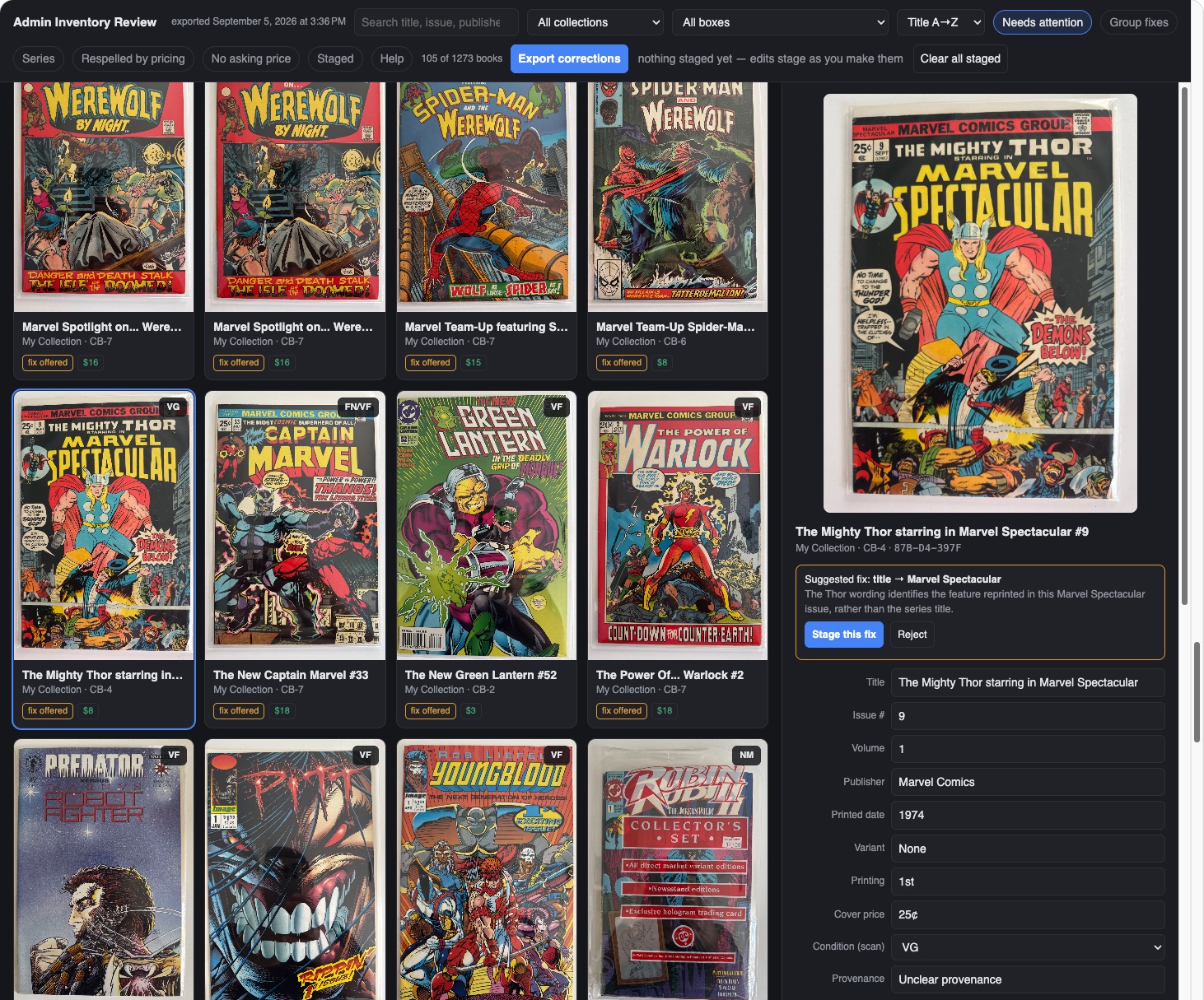 Needs attention on the Admin Inventory Review: 105 of 1,273 books, each card wearing a fix offered pill, with the side panel on The Mighty Thor starring in Marvel Spectacular #9 showing the suggested fix, title to Marvel Spectacular, its reason, and Stage this fix and Reject buttons.