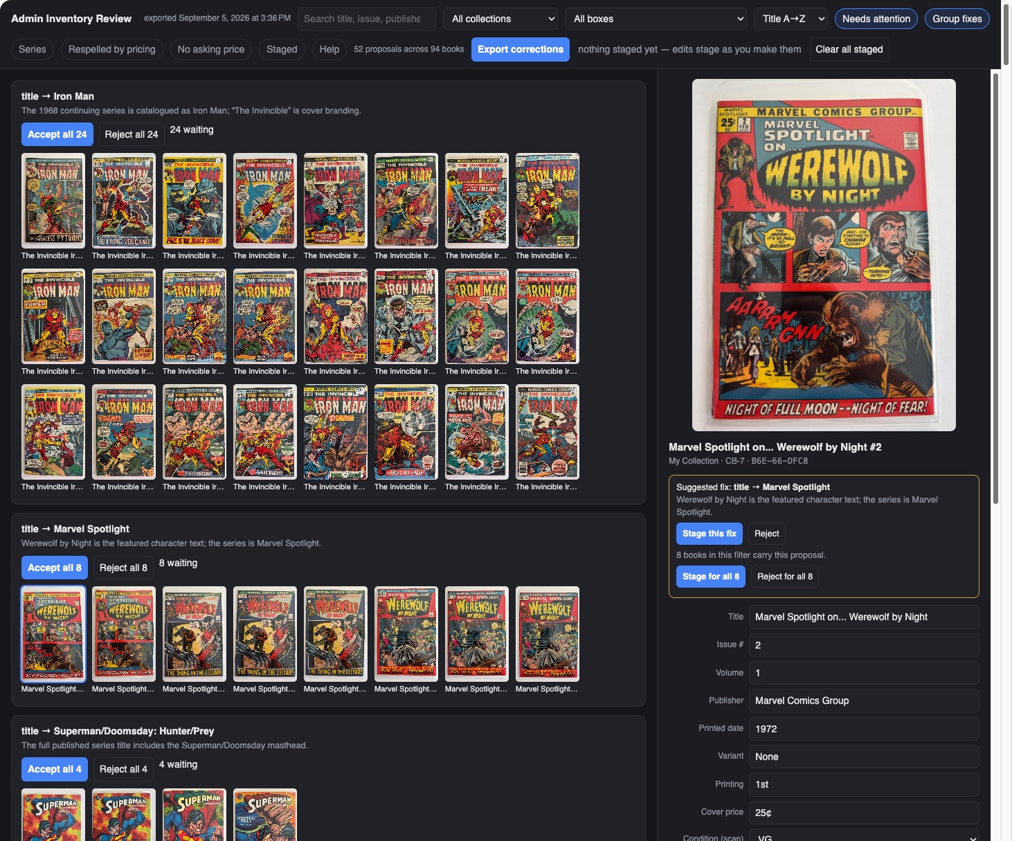 Needs attention and Group fixes together on the Admin Inventory Review: 52 proposals across 94 books, grouped into cards headed title to Iron Man with Accept all 24 and Reject all 24, title to Marvel Spotlight with Accept all 8, and title to Superman/Doomsday: Hunter/Prey with Accept all 4. The side panel shows Marvel Spotlight on Werewolf by Night #2 with its suggested fix, the reason, Stage this fix and Reject buttons, and Stage for all 8.