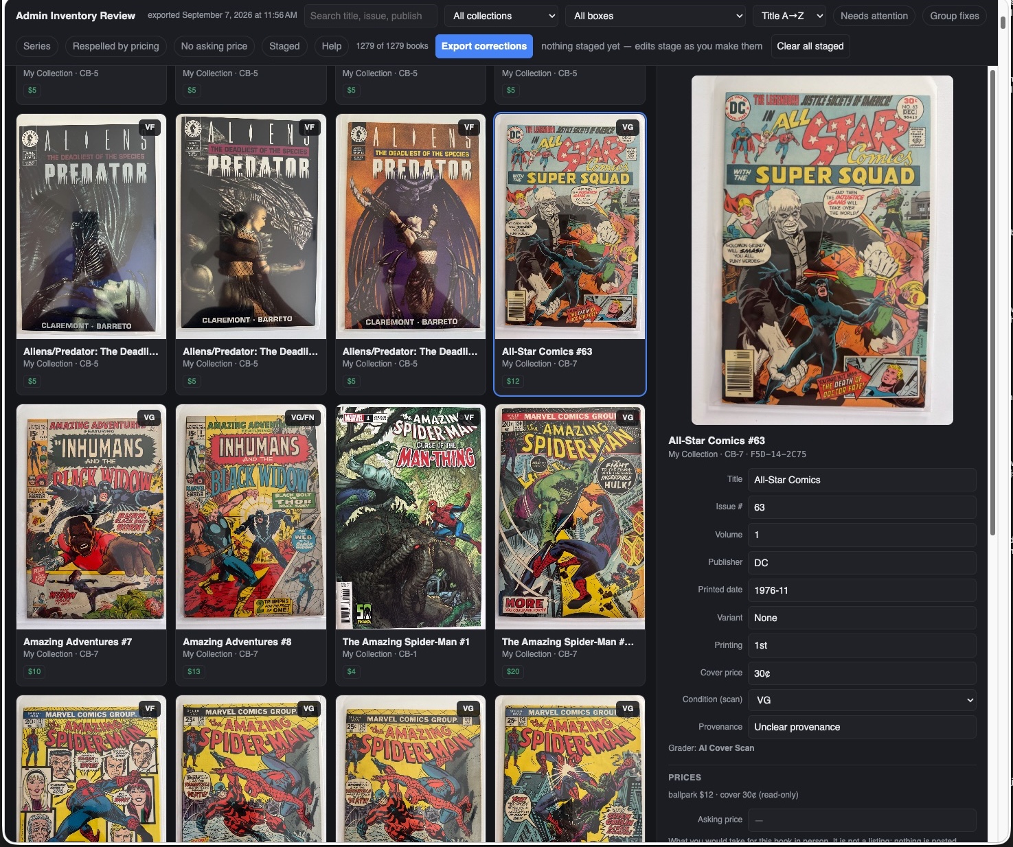 The Admin Inventory Review page: 1,279 books as a cover grid with grade chips and prices, filters for Needs attention, Group fixes, Series, Respelled by pricing, No asking price, and Staged, the Export corrections button, and a side panel editing All-Star Comics #63 with its title, issue, volume, publisher, printed date, printing, cover price, condition dropdown, provenance field, and a Grader line reading AI Cover Scan.