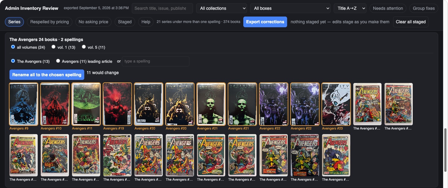 The Series filter on the Admin Inventory Review: 21 series under more than one spelling across 374 books, and the Avengers row: 24 books, 2 spellings, radio buttons for all volumes, vol. 1, and vol. 5, the spellings The Avengers (13) and Avengers (11), a Rename all button reading 11 would change, and the eleven covers that would change outlined first.