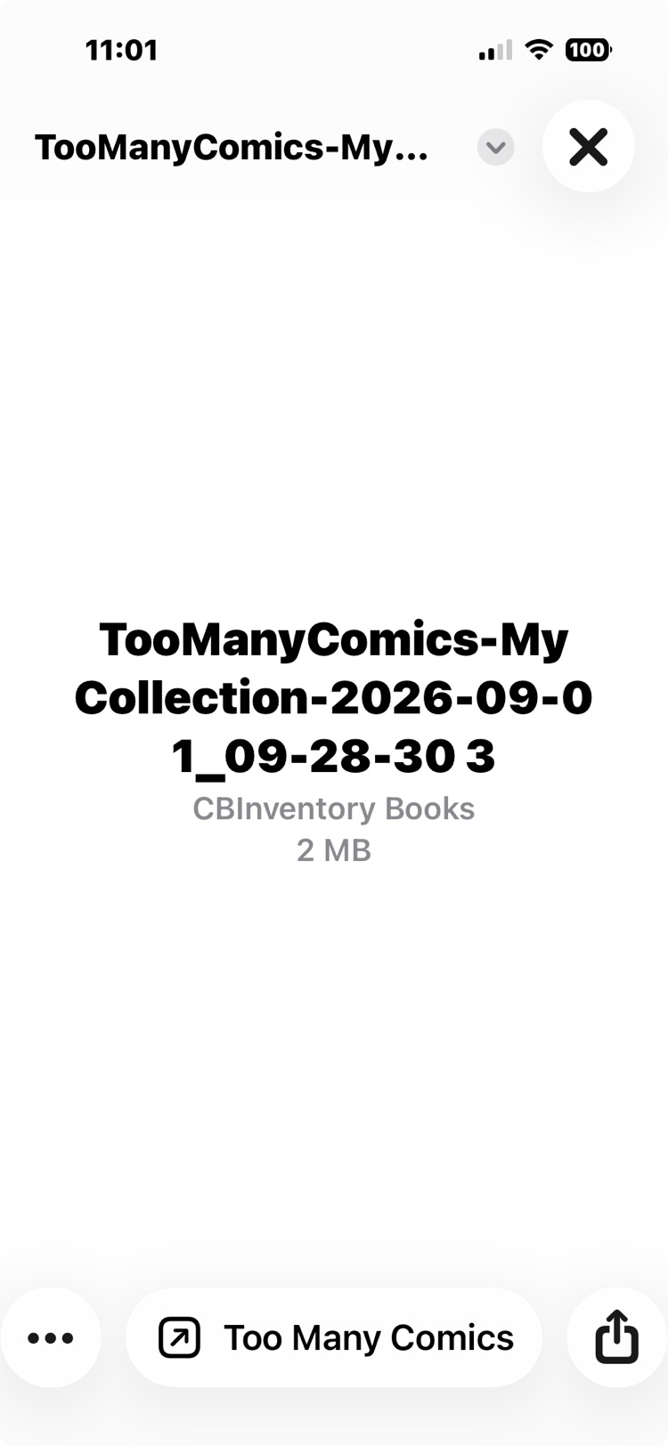 An arrived .cbshare file on the receiving phone, named TooManyComics-My Collection with a date stamp, 2 megabytes, and a Too Many Comics open button at the bottom.