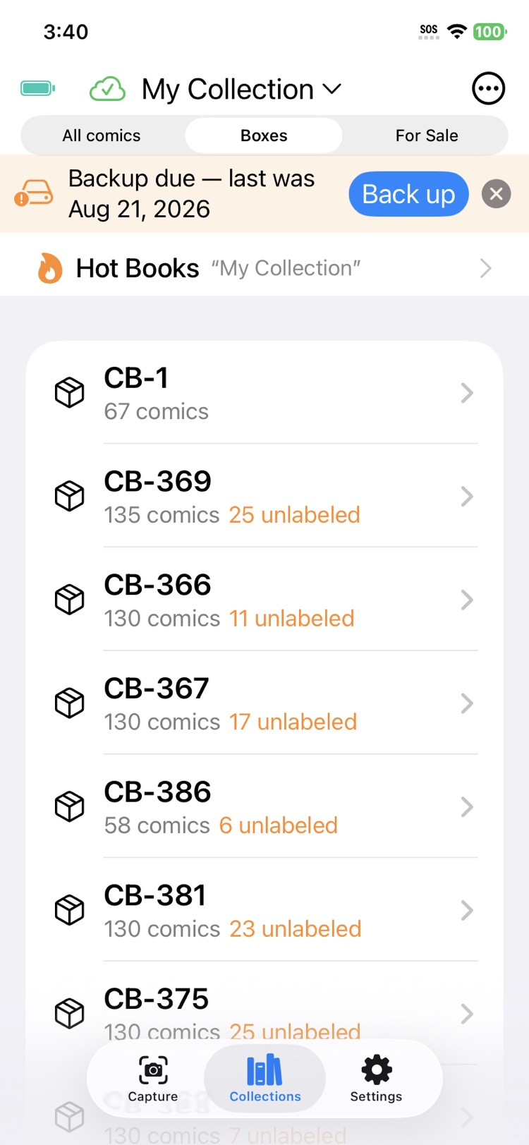The Collections screen on its Boxes tab, with an amber banner reading Backup due, last was Aug 21, 2026, and a Back up button, above a list of boxes and their unlabeled counts.