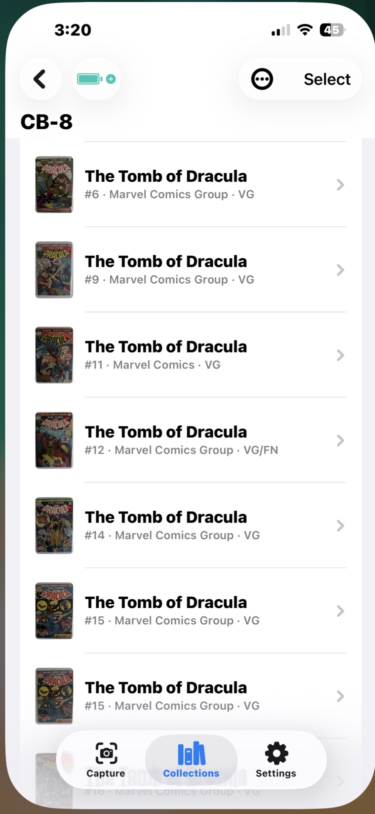 Box CB-8 freshly scanned: a run of The Tomb of Dracula from issue 6 up, each with a grade like VG or VG/FN and no prices anywhere.