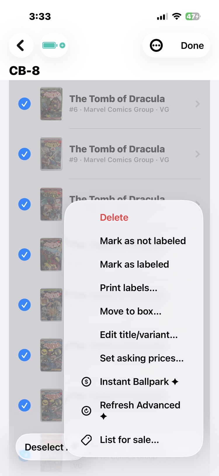 The box in selection mode with every row checked and the actions menu open, Instant Ballpark among them.