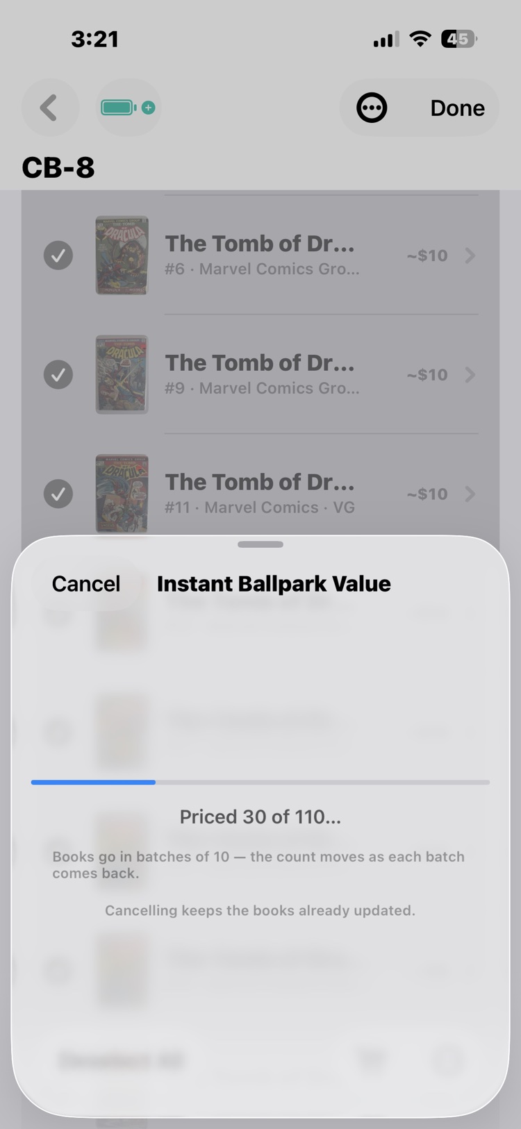 The run in progress: Priced 30 of 110, a progress bar, and notes that books go in batches of ten and cancelling keeps the books already updated.