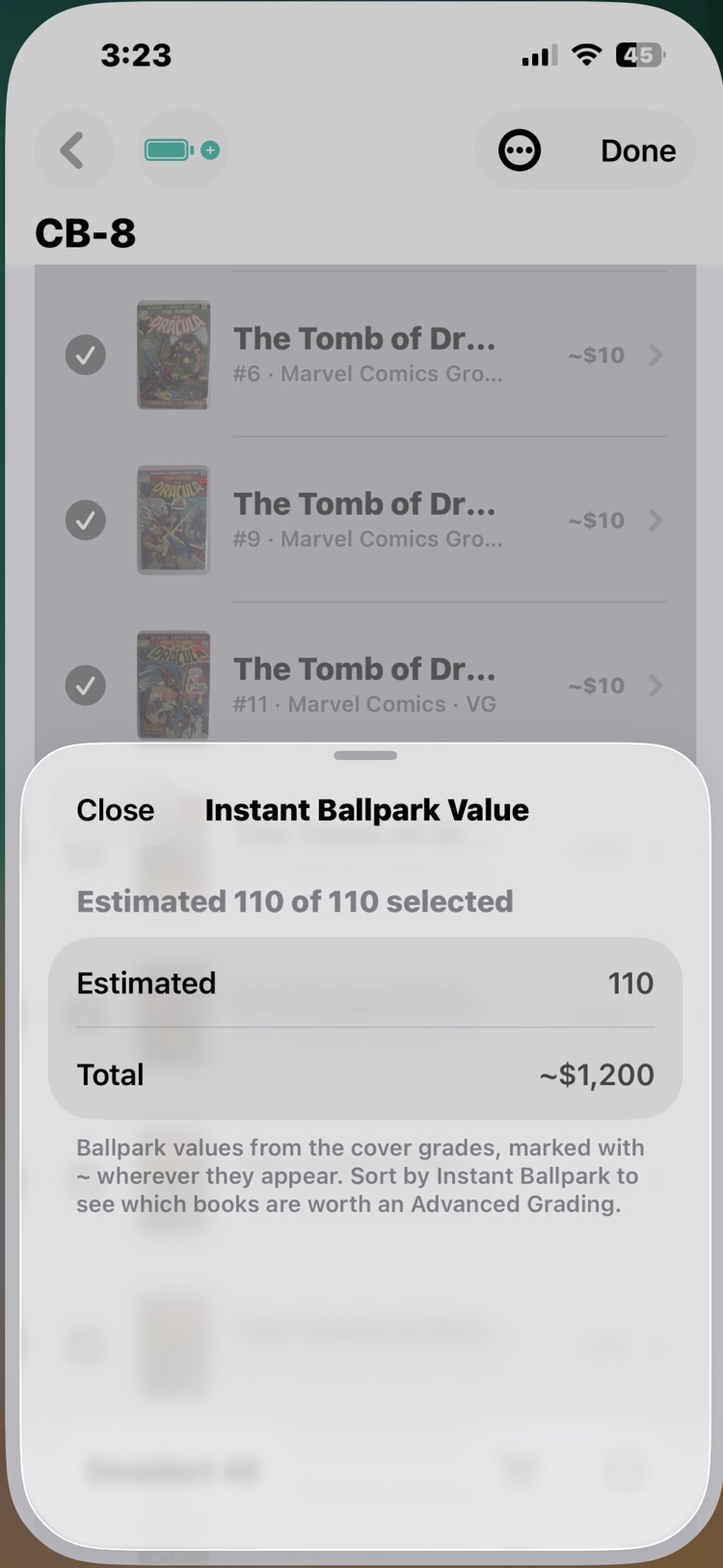 The finished run: Estimated 110 of 110 selected, Total about $1,200, and the first rows now showing ~$10 each.