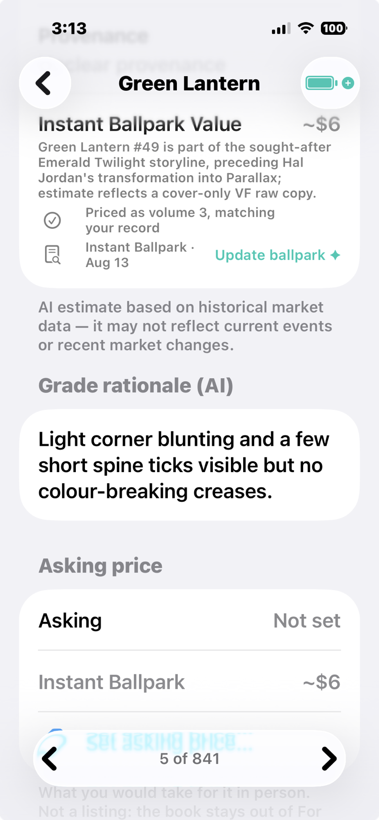 The Instant Ballpark panel for Green Lantern #49: a six-dollar estimate with its reasoning, its Aug 13 date, and the disclaimer that AI estimates are based on historical market data.