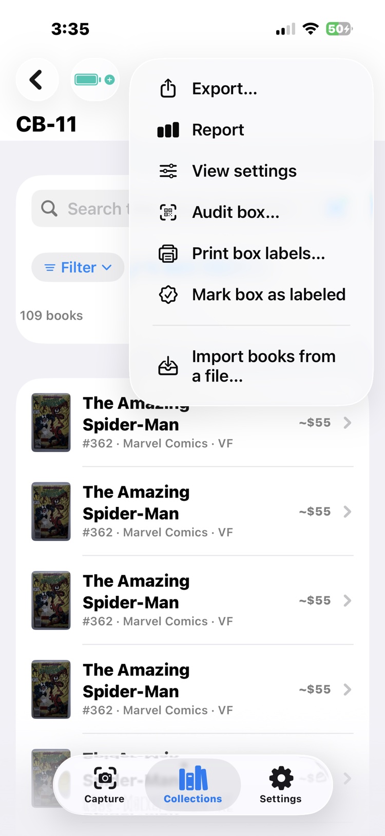A box's menu open over CB-11 and its 109 books: Export, Report, View settings, Audit box, Print box labels, Mark box as labeled, and Import books from a file.