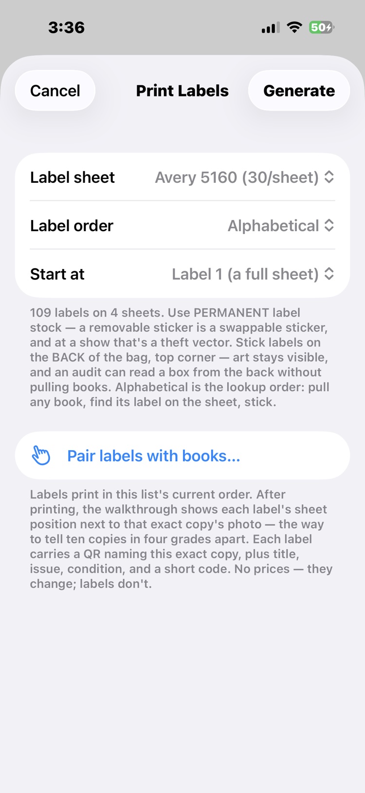 The Print Labels dialog: Avery 5160 at thirty per sheet, alphabetical label order, a start-at picker, 109 labels on 4 sheets, advice to use permanent stock on the back of the bag, and a Pair labels with books button.