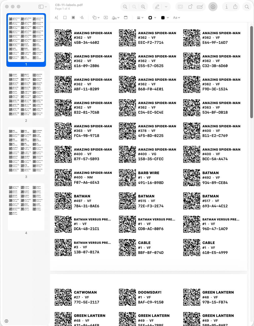 The generated label PDF open in Preview on a Mac, page 1 of 4 with the four sheets in the sidebar: an Avery grid of QR labels, each with a title, issue, grade, and short code, for Amazing Spider-Man, Batman, Cable, Catwoman, and Green Lantern.