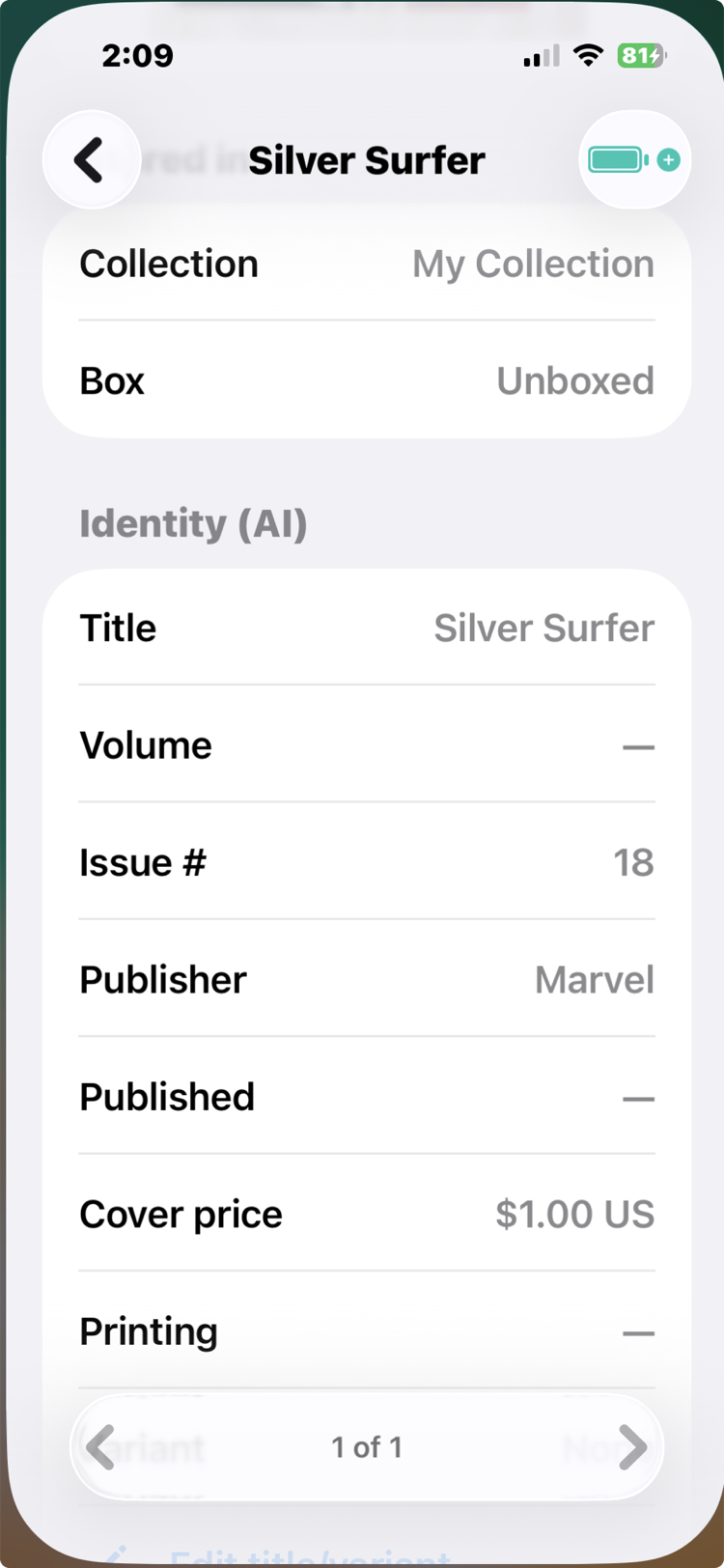 A book's record in review: collection and box at the top, then the Identity fields the AI fills in — title Silver Surfer, issue 18, publisher Marvel — with a pager reading 1 of 1.