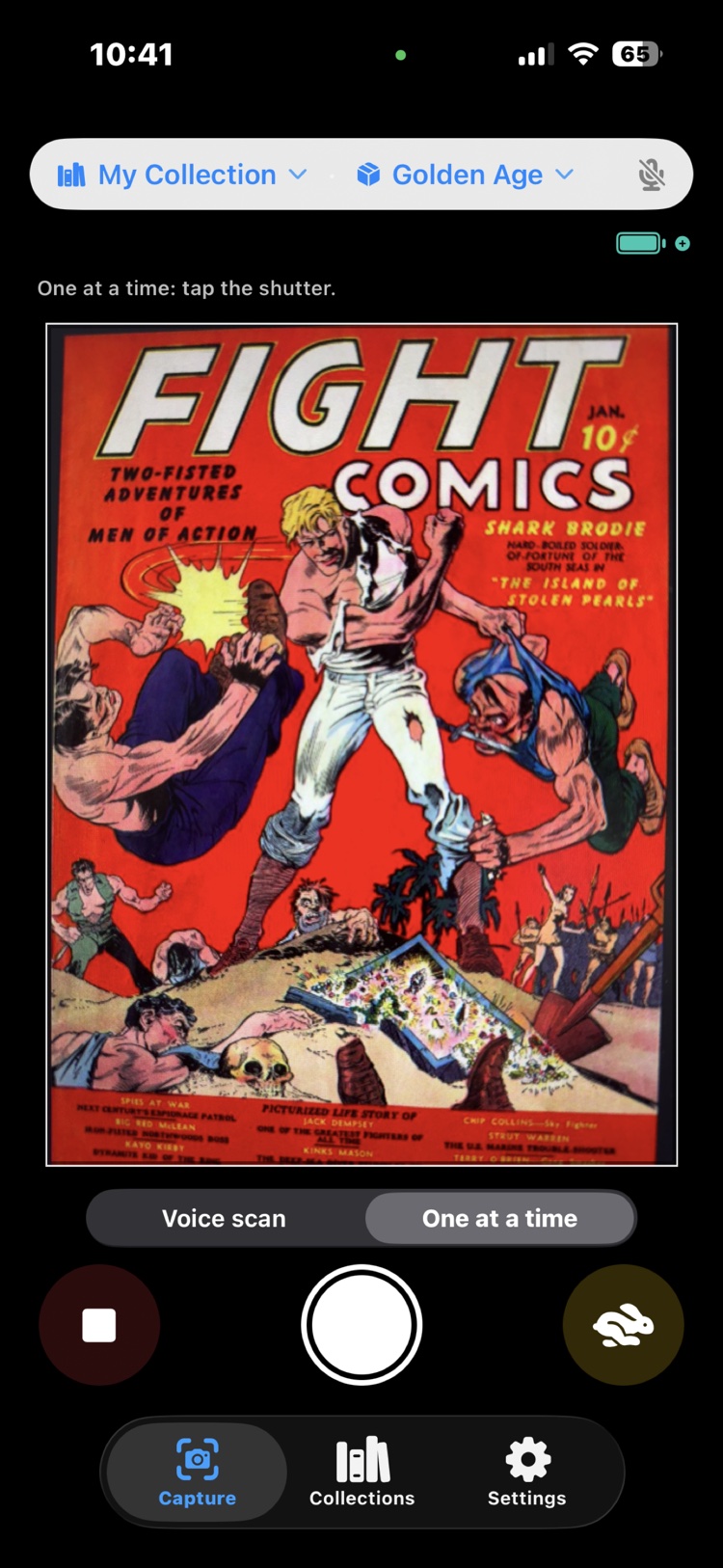The capture screen photographing a copy of Fight Comics #1, with Voice scan and One at a time modes and the destination box, Golden Age, picked.