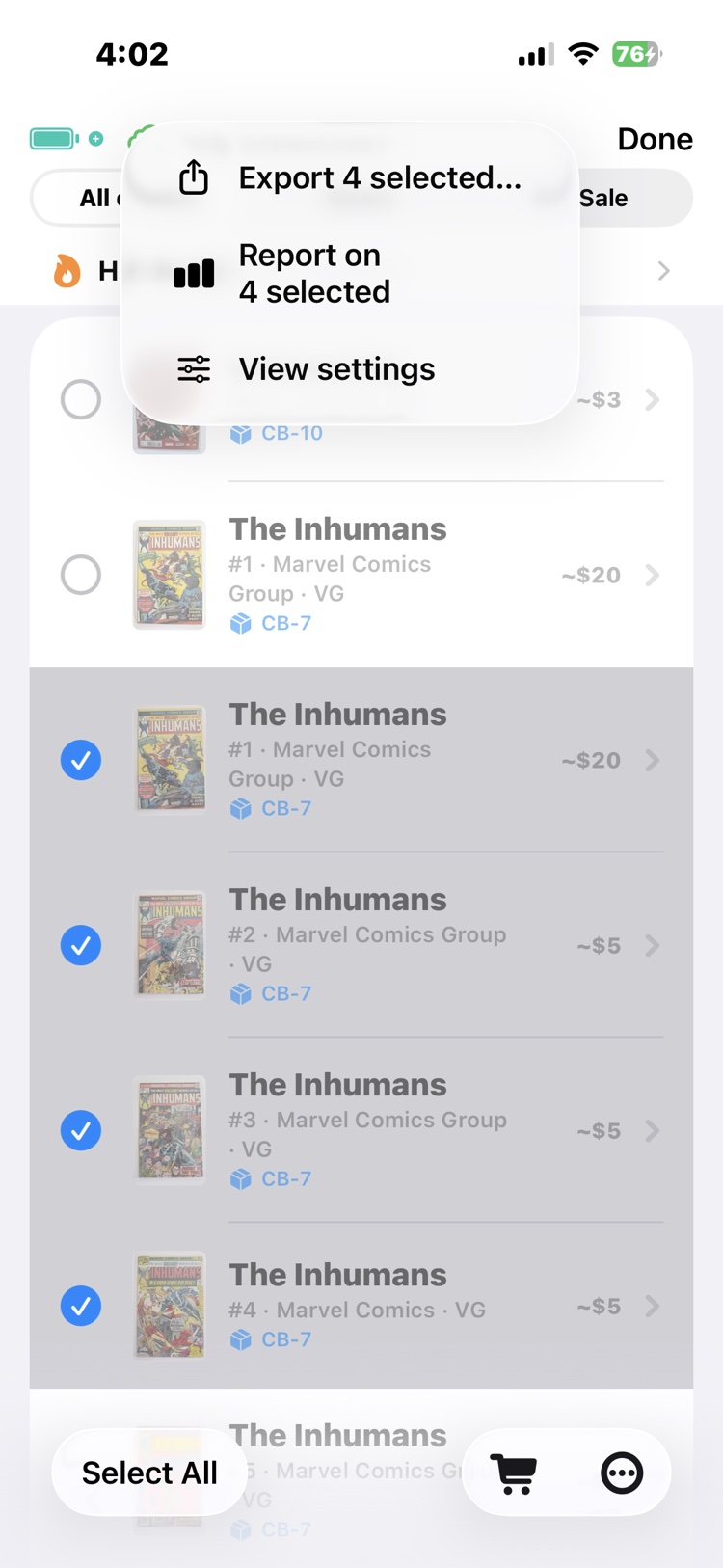 Selection mode with four Inhumans issues checked and the menu open on Export 4 selected.