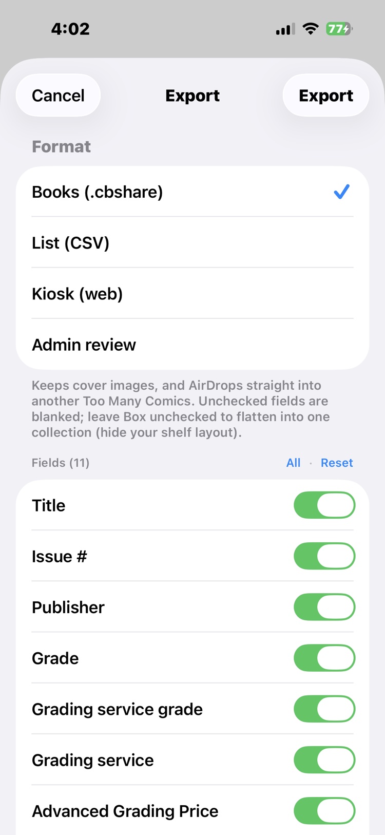 The Export sheet: four formats with Books .cbshare chosen, its explainer, and the field checklist of eleven toggles with All and Reset.