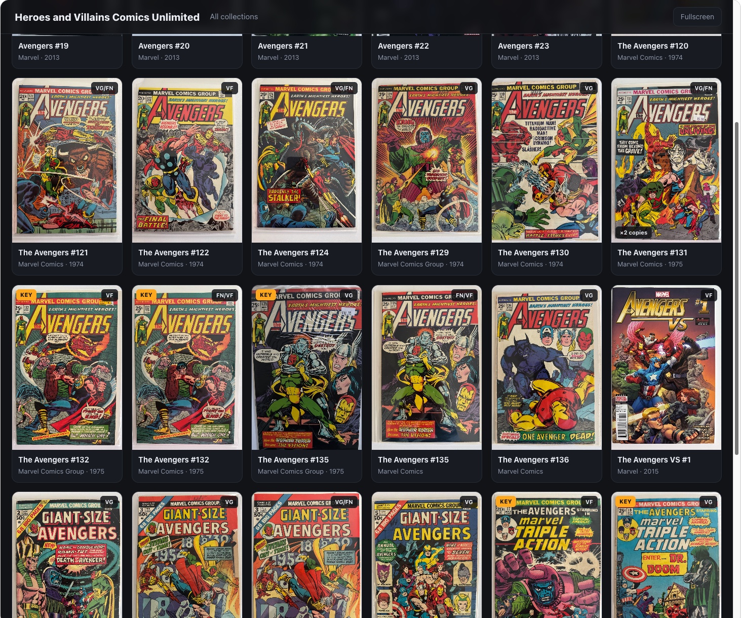 A kiosk search for Avengers, scrolled into the grid: rows of Avengers covers with grade chips, KEY badges on the key issues, and a copy count on a book with two.