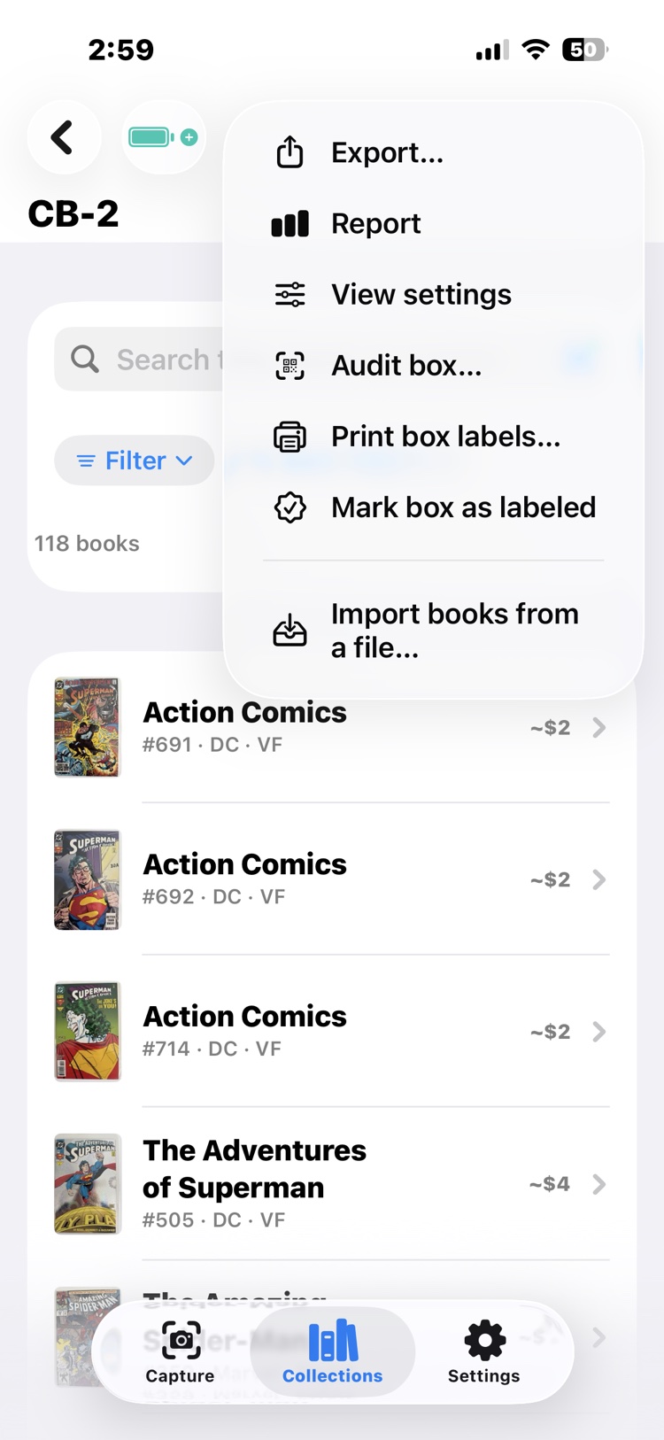 Box CB-2's menu open over its list of 118 books, with Audit box among the actions.