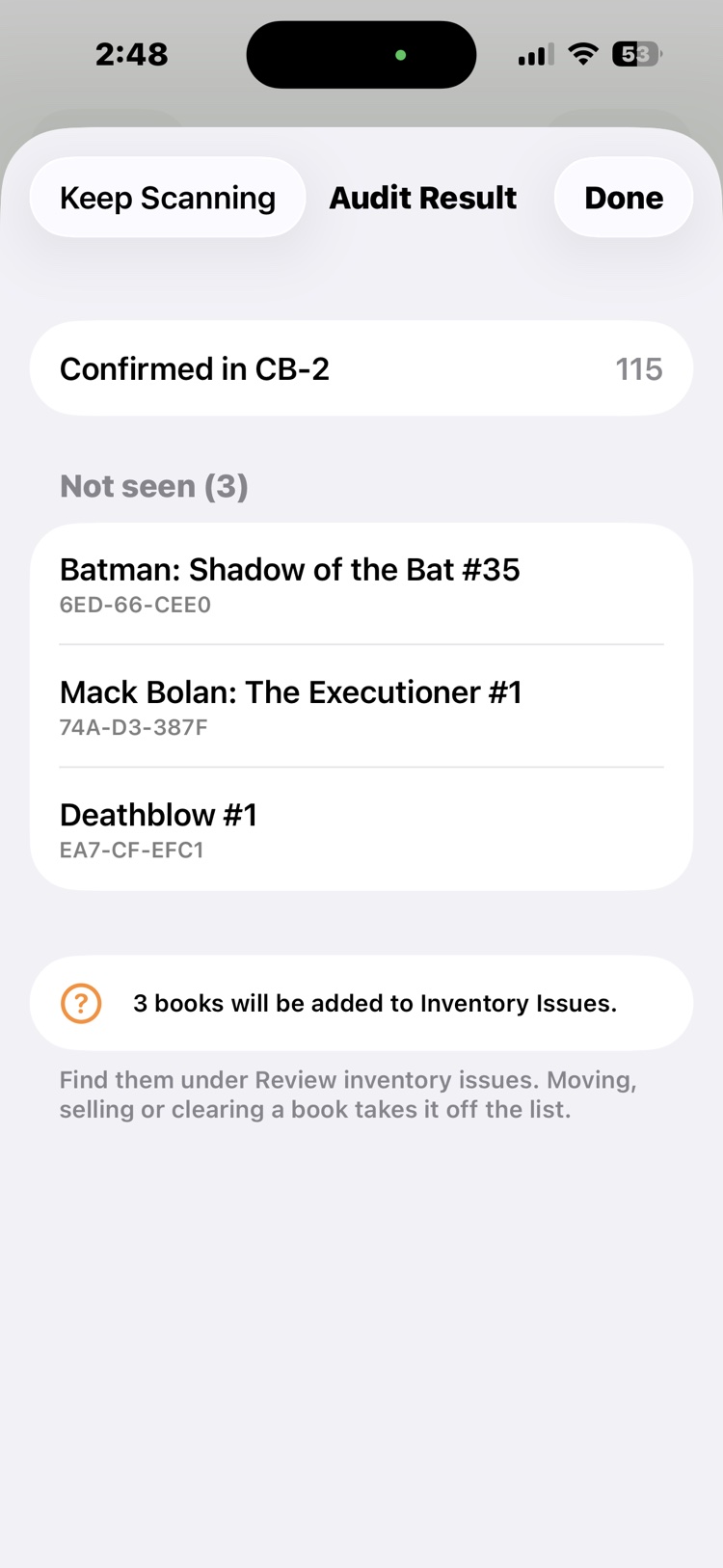The Audit Result: 115 books confirmed in CB-2, a Not seen list of three with their short codes, and a note that 3 books will be added to Inventory Issues.