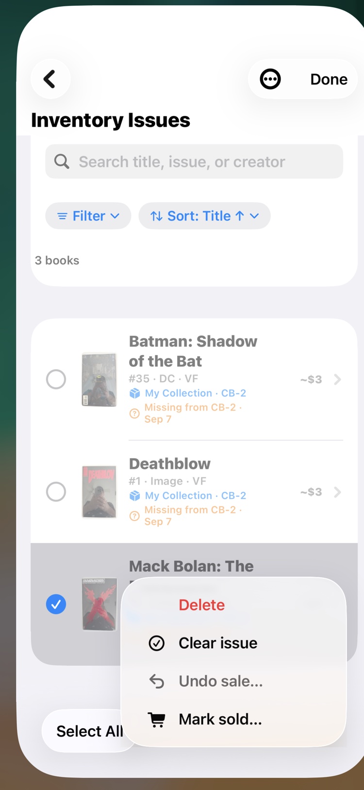 The inventory issues list with resolution choices on a selected book: clear the issue, undo a sale, mark it sold, or delete it.