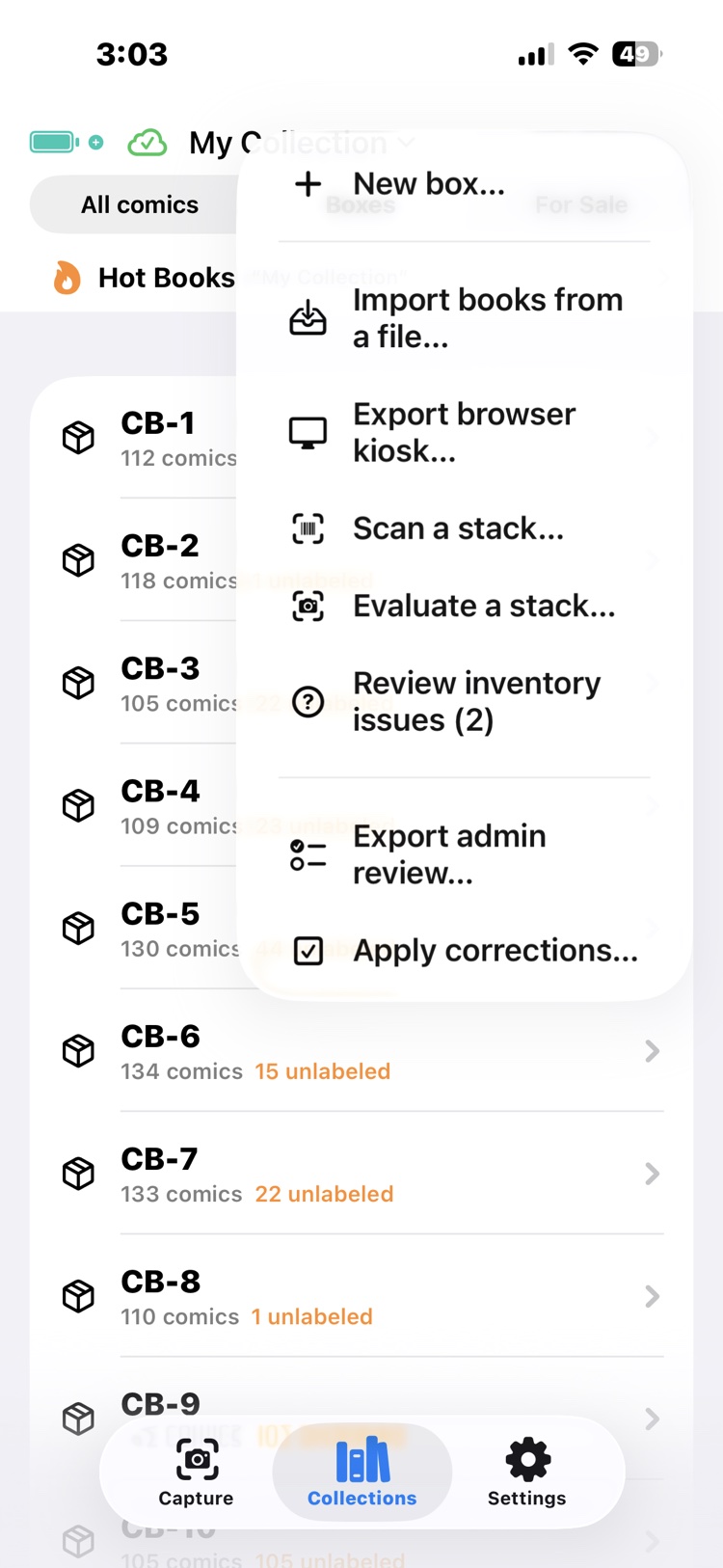 The collections menu over the box list, showing Review inventory issues with a count of 2.