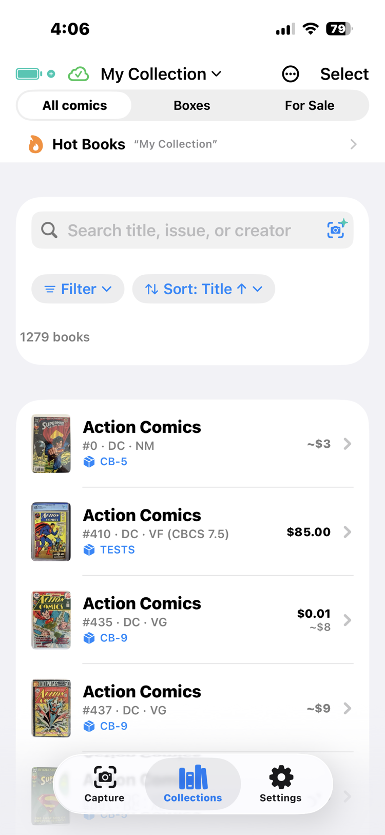 The All Comics view in Too Many Comics: a 1,279-book collection searchable by title, issue, or cover photo, each book listed with grade, box, and ballpark value.