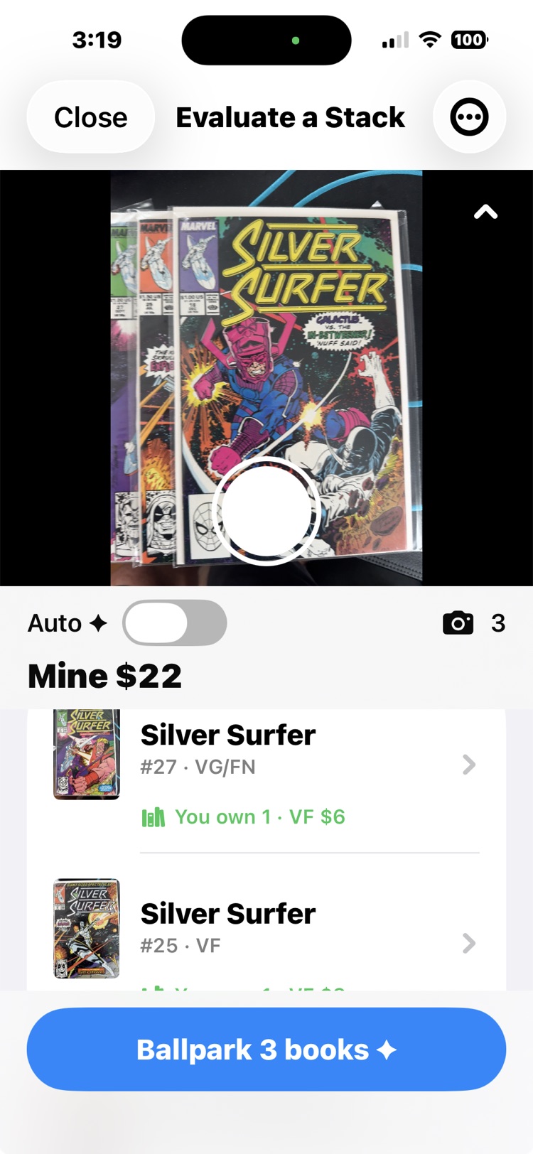 Evaluate a Stack mid-session: a Silver Surfer book under the camera, a running Mine total of $22, rows reading You own 1, VF $6, and a Ballpark 3 books button.