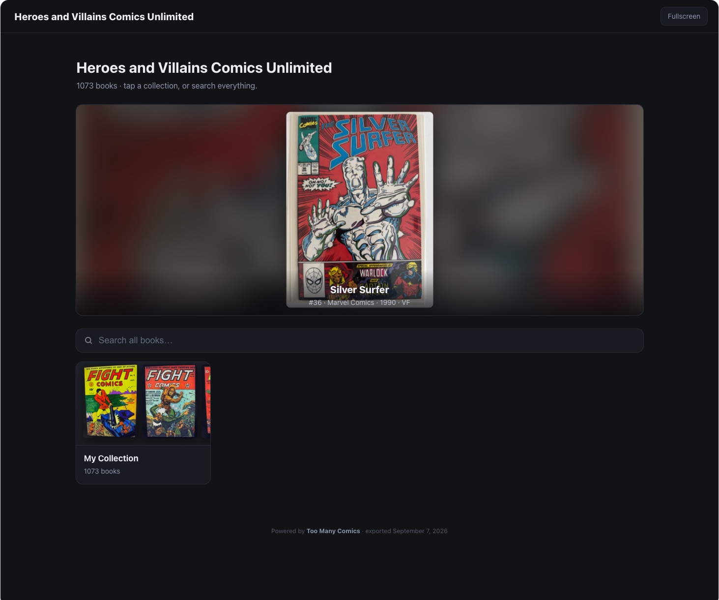 The kiosk landing page for a store called Heroes and Villains Comics Unlimited: 1,073 books, a featured Silver Surfer #36 cover, a search box, and a collection to browse.