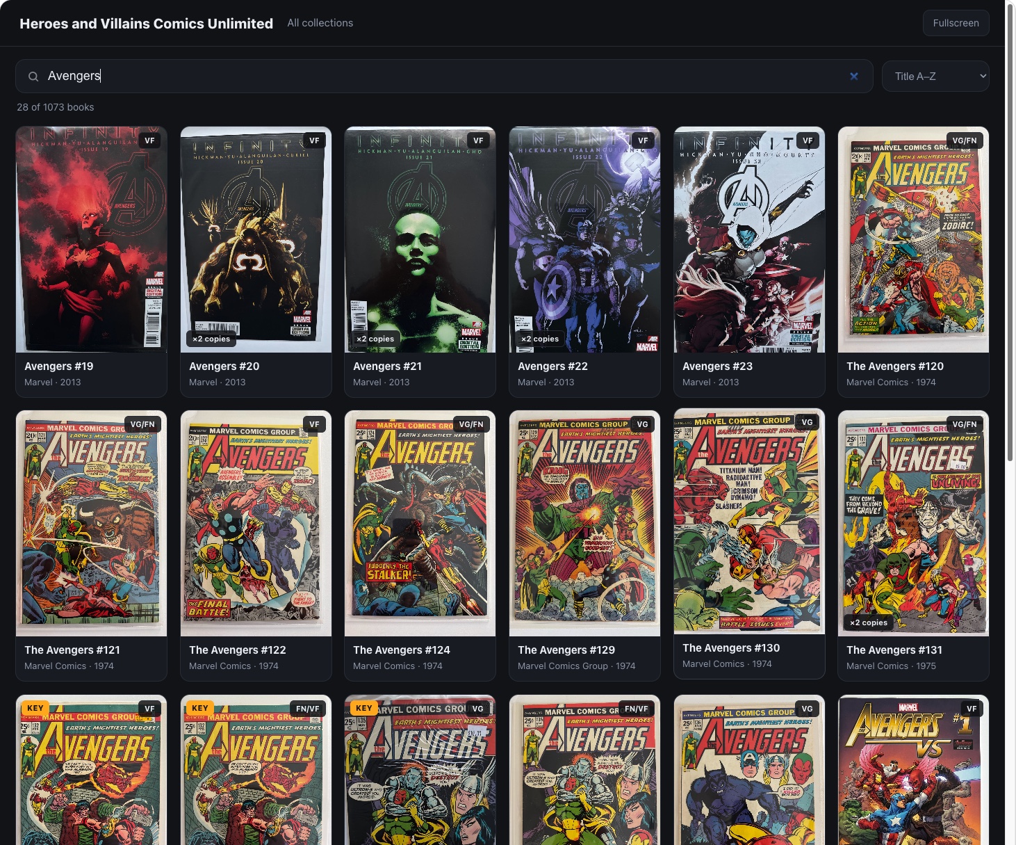 A kiosk search for Avengers finding 28 of 1,073 books: a grid of Avengers covers, each with its grade, some badged as having two copies.