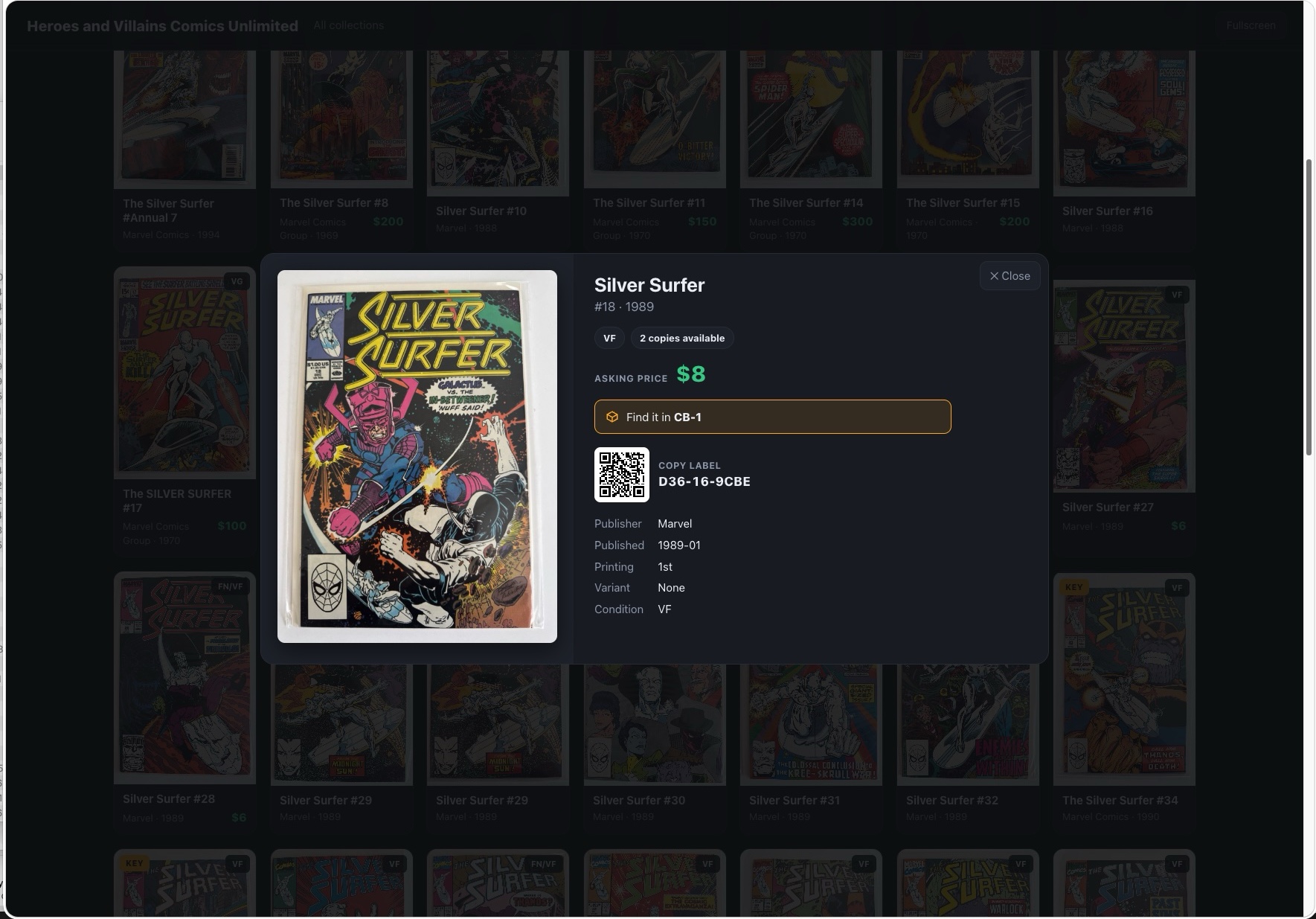 A kiosk book card for Silver Surfer number 18: Very Fine, two copies available, asking eight dollars, a pointer reading Find it in CB-1, and the copy's label QR with short code D36-16-9CBE.