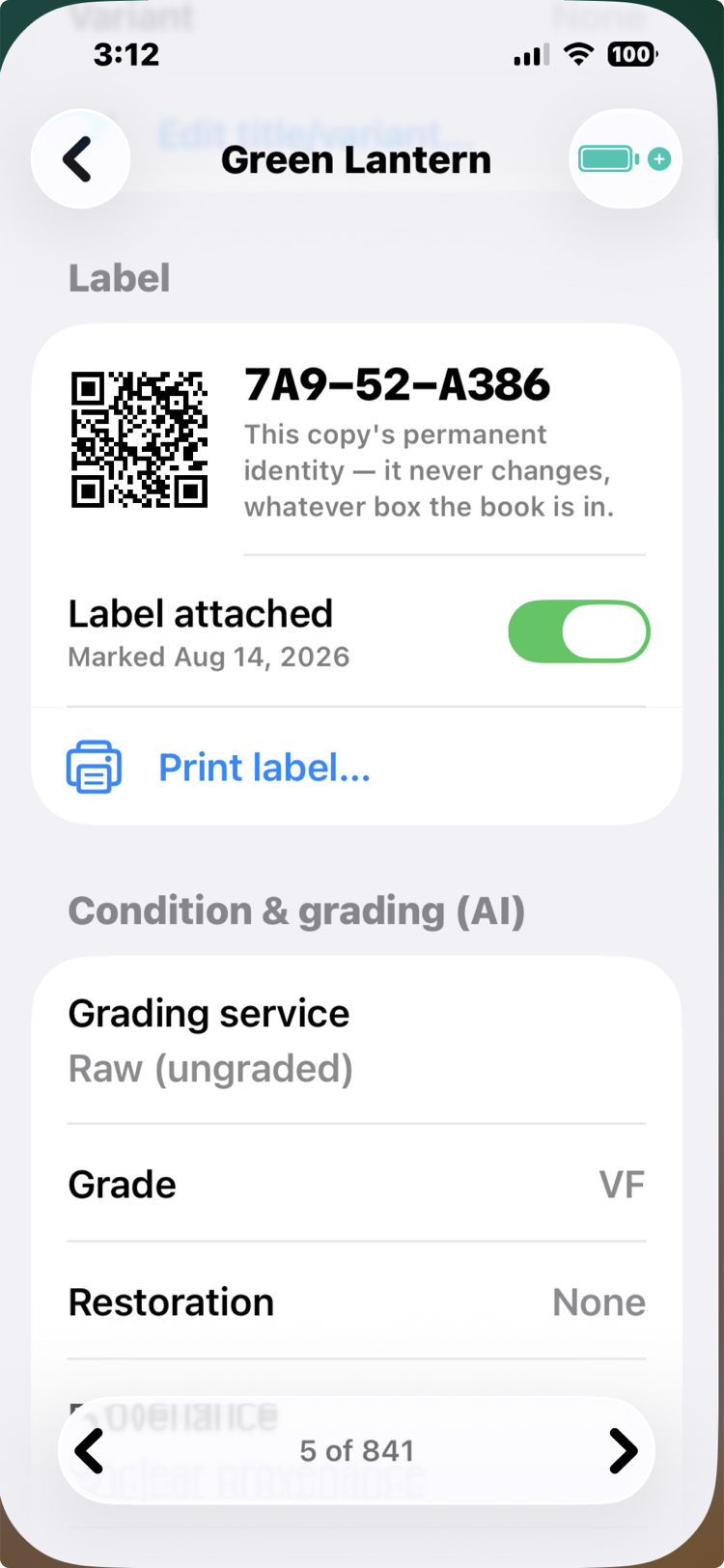 The label section of a book's record: a QR code named 7A9-52-A386, described as the copy's permanent identity, with Label attached toggled on and a Print label button.