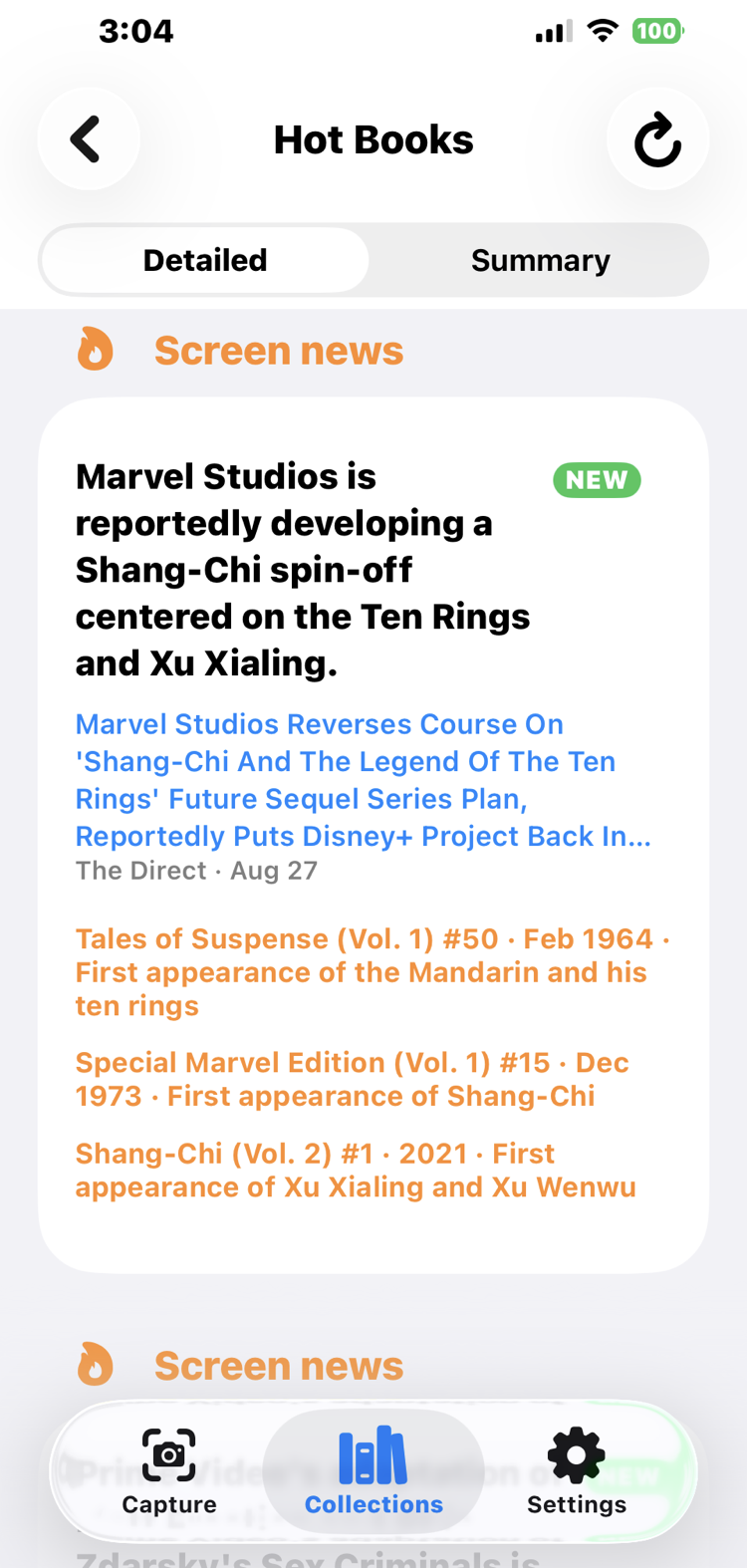 The Hot Books screen: a Shang-Chi spin-off story from The Direct, mapped to three key issues including Tales of Suspense #50, first appearance of the Mandarin.