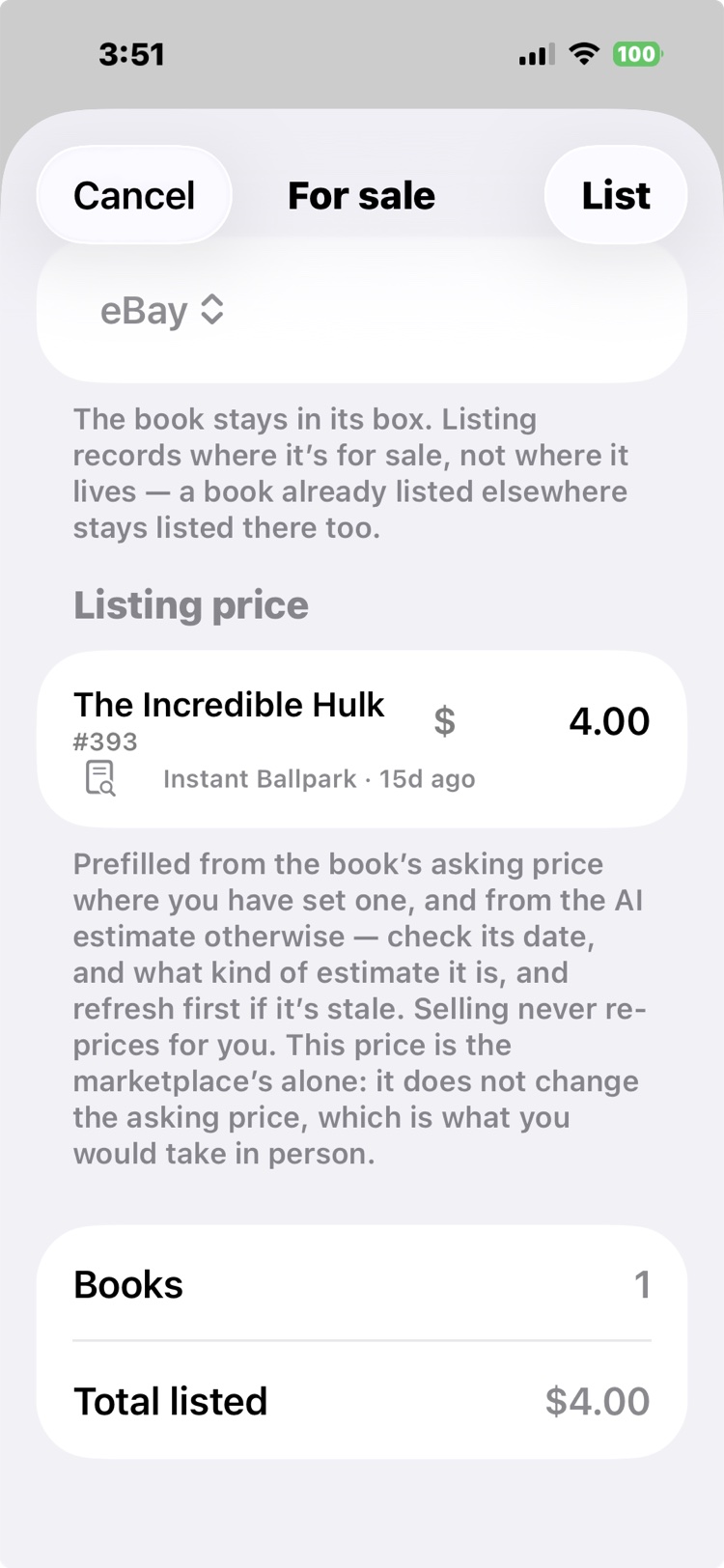 The For Sale dialog listing The Incredible Hulk #393 on eBay at $4, prefilled from its Instant Ballpark estimate.