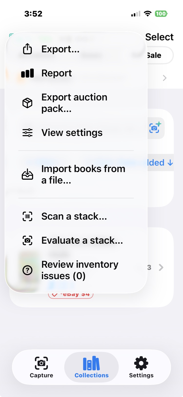 The For Sale tab's menu, with Export auction pack among the actions.