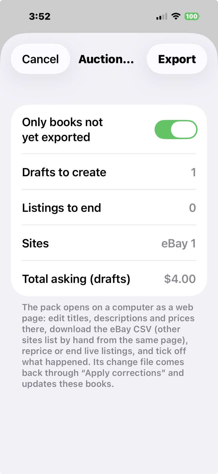 The auction pack export sheet: one draft to create, zero listings to end, eBay, $4 total asking.