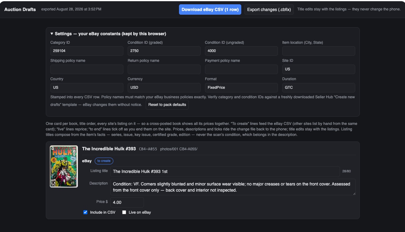 The Auction Drafts workbench in a browser: eBay settings, a card for The Incredible Hulk #393 with a drafted listing title and condition description, a $4 price, and buttons to download the eBay CSV and export changes back.
