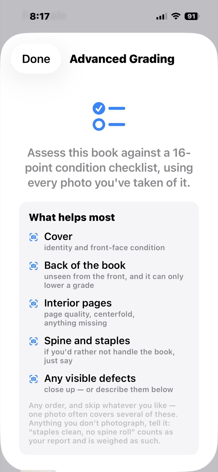 The Advanced Grading intro: assess this book against a 16-point condition checklist using every photo taken of it, with a list of the views that help most.