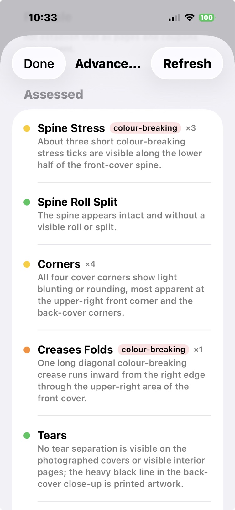 Assessed checks: spine stress times three color-breaking, spine roll clean, corners times four blunted, one color-breaking crease, no tears.