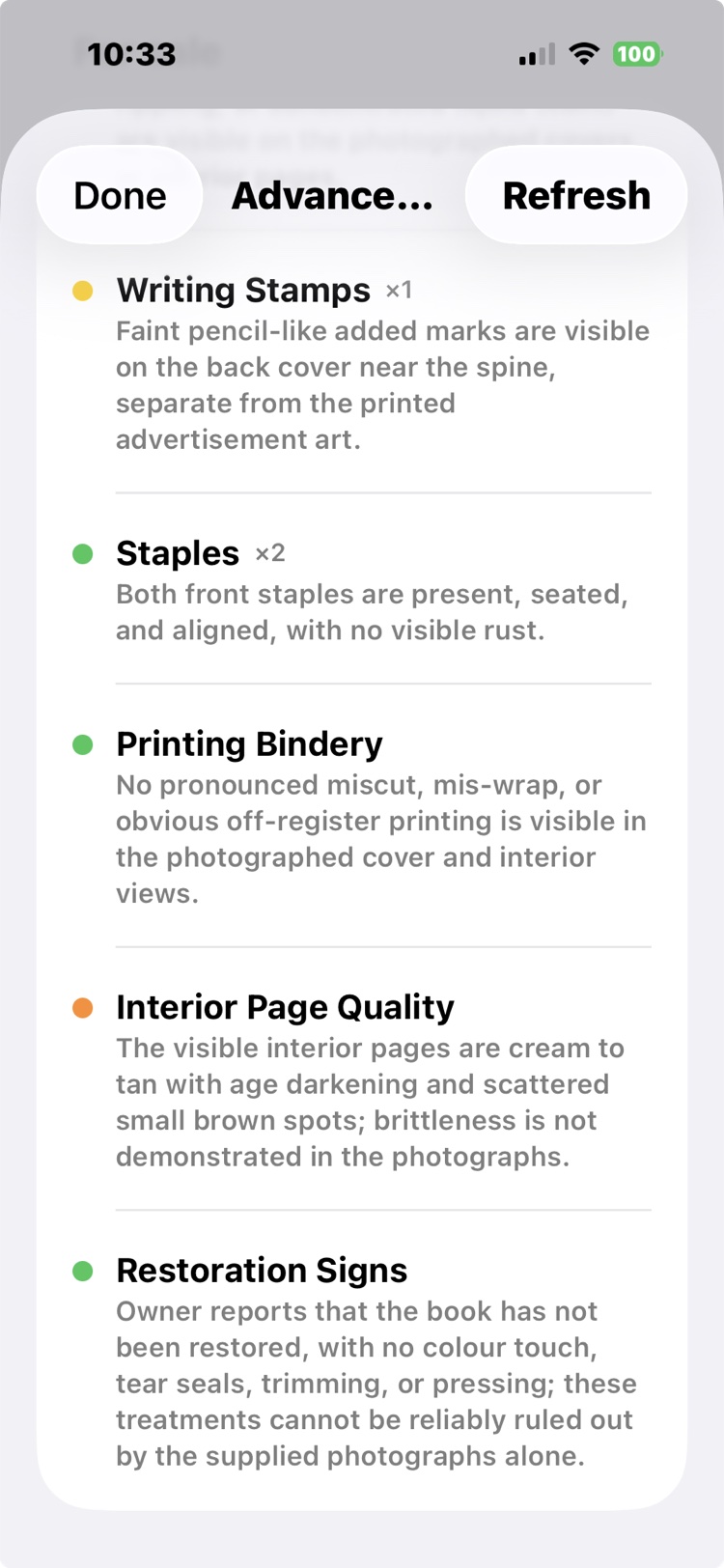 Final checks: staples clean, printing and bindery clean, interior page quality tanned, restoration signs relying on the owner's report.