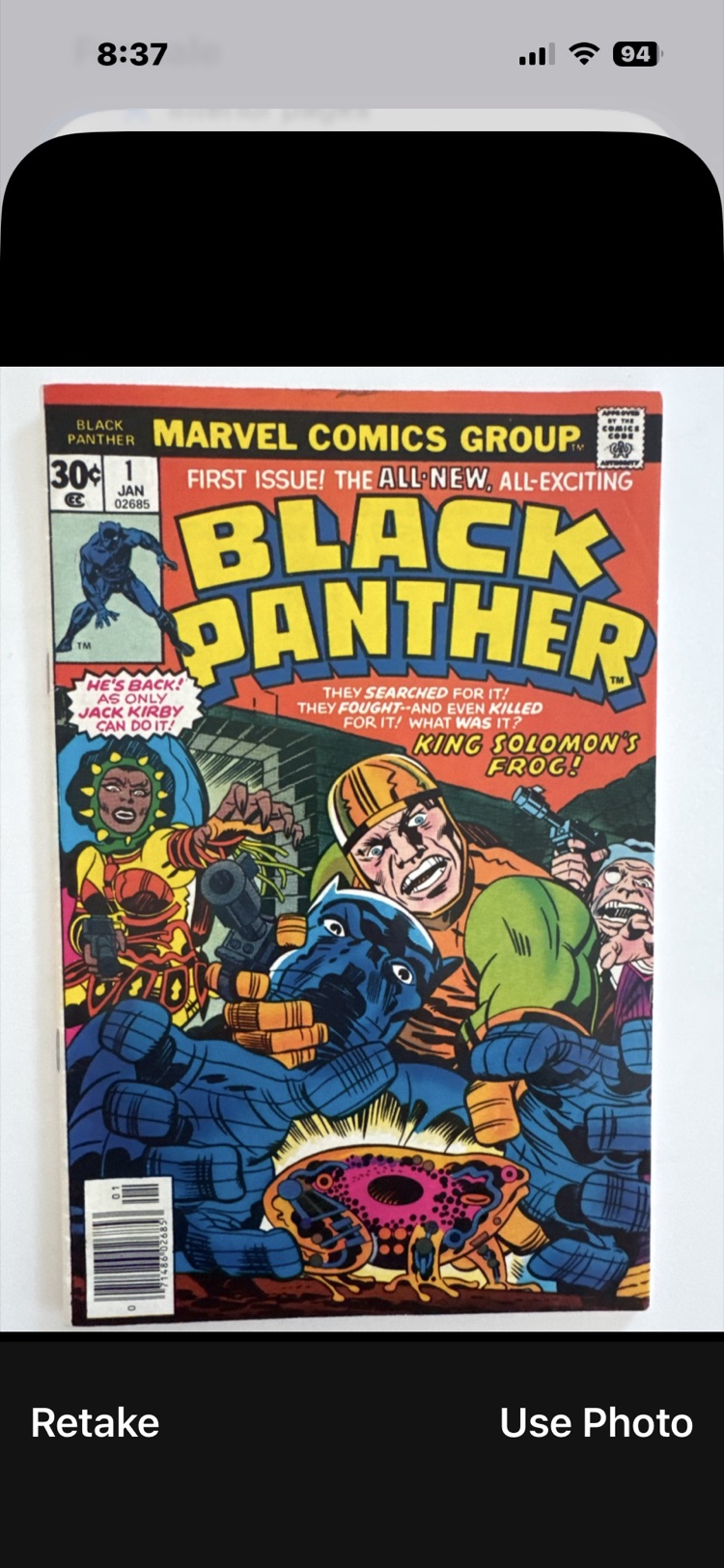 Retaking the cover photo of Black Panther number 1: the full cover, square in the frame.