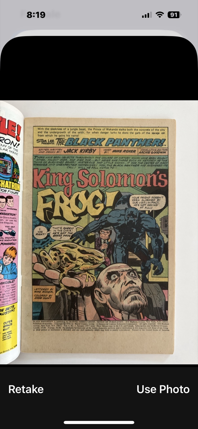 Photographing an interior splash page, King Solomon's Frog.