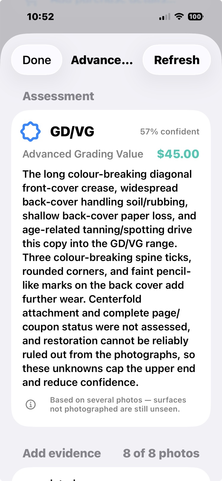The assessment verdict: a GD/VG verdict with its confidence and the reasons listed.