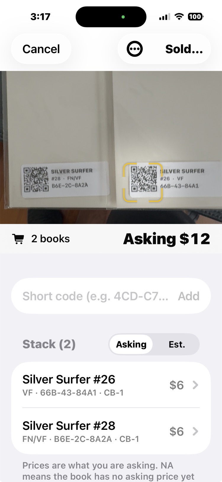 Scan a Stack reading the QR labels on two bagged Silver Surfer books: 2 books, asking $12, each book listed with its grade, short code, and box.