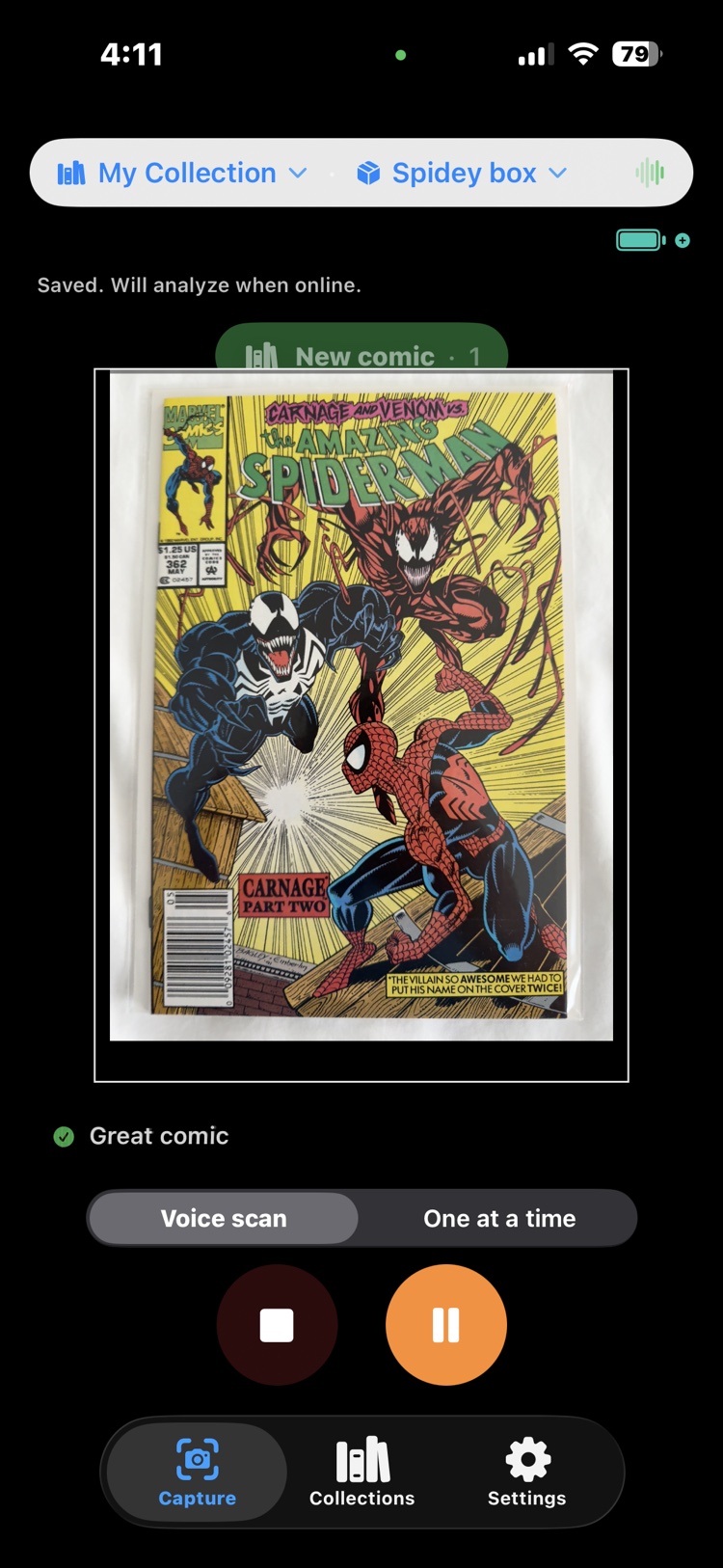 A Voice scan in progress: an Amazing Spider-Man comic under the camera, a New comic badge, the spoken comment 'Great comic' transcribed beneath it, and a status line reading Saved. Will analyze when online.